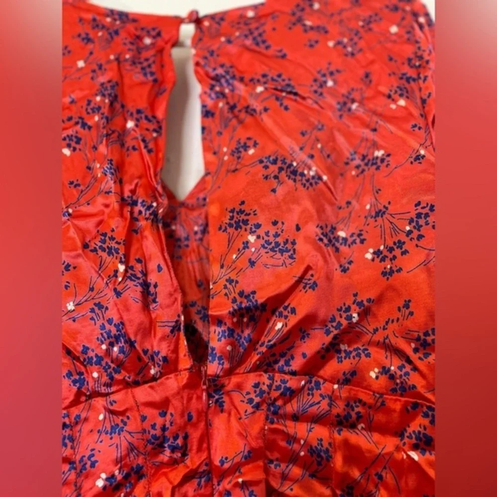 Topshop Women's‎ Satin Floral Red Midi 2 Front Slits Split Back Neckline size 6